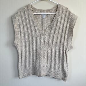 Cupcakes and Cashmere Cable Knit Sweater Best V-Neck Neutral Pullover LARGE